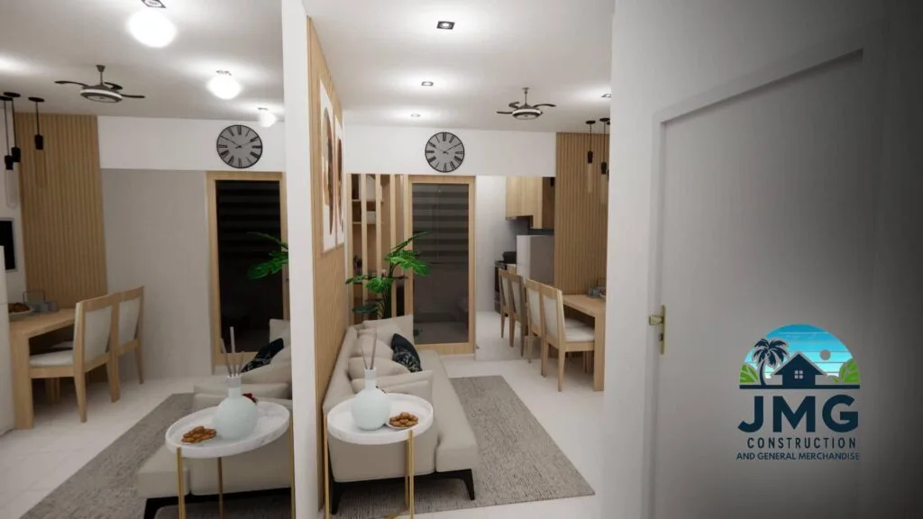 Modern condo renovation in cagayan de oro featuring an elegant living and dining area with minimalist wood paneling, stylish lighting, and premium furniture—offering affordable, mid-range, and luxury renovation options.