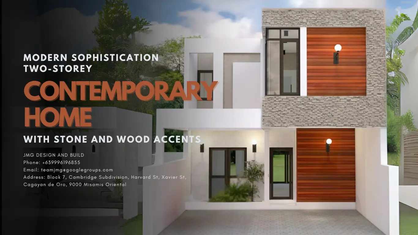 Modern sophistication meets practicality: a two-storey contemporary home design 6 A contemporary two-storey home with modern architecture, stone walls, and wood panel accents.
