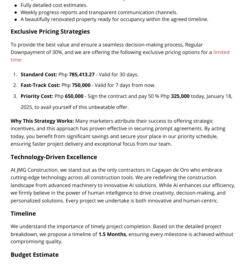 Sales strategies_ transparent and tailored renovation proposals Exclusive pricing strategies for the bloomingdale renovation project by jmg construction, showcasing standard, fast-track, and priority cost options.