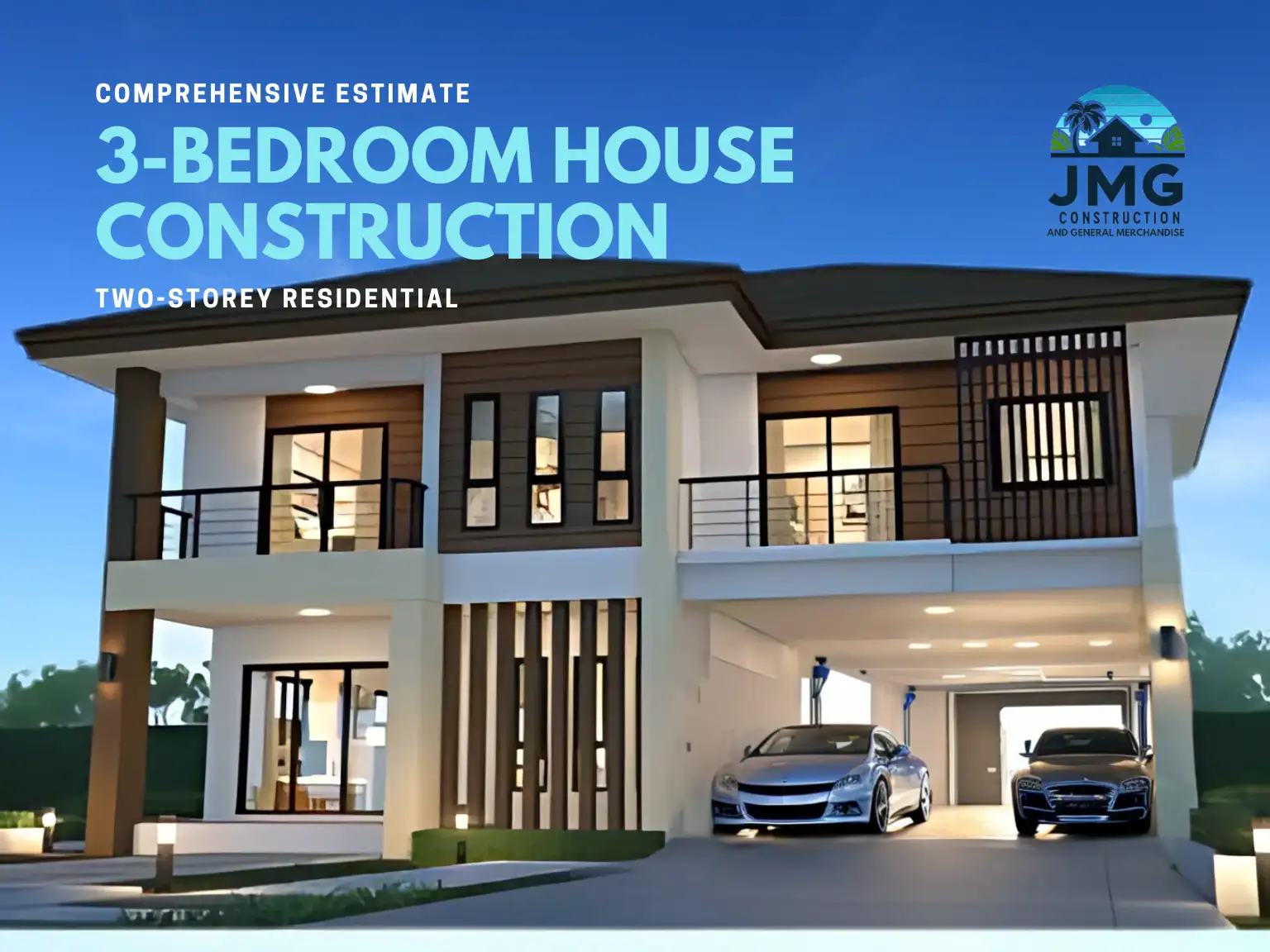 Modern 3-bedroom house construction with dual car garage and balcony, ideal for residential family living.