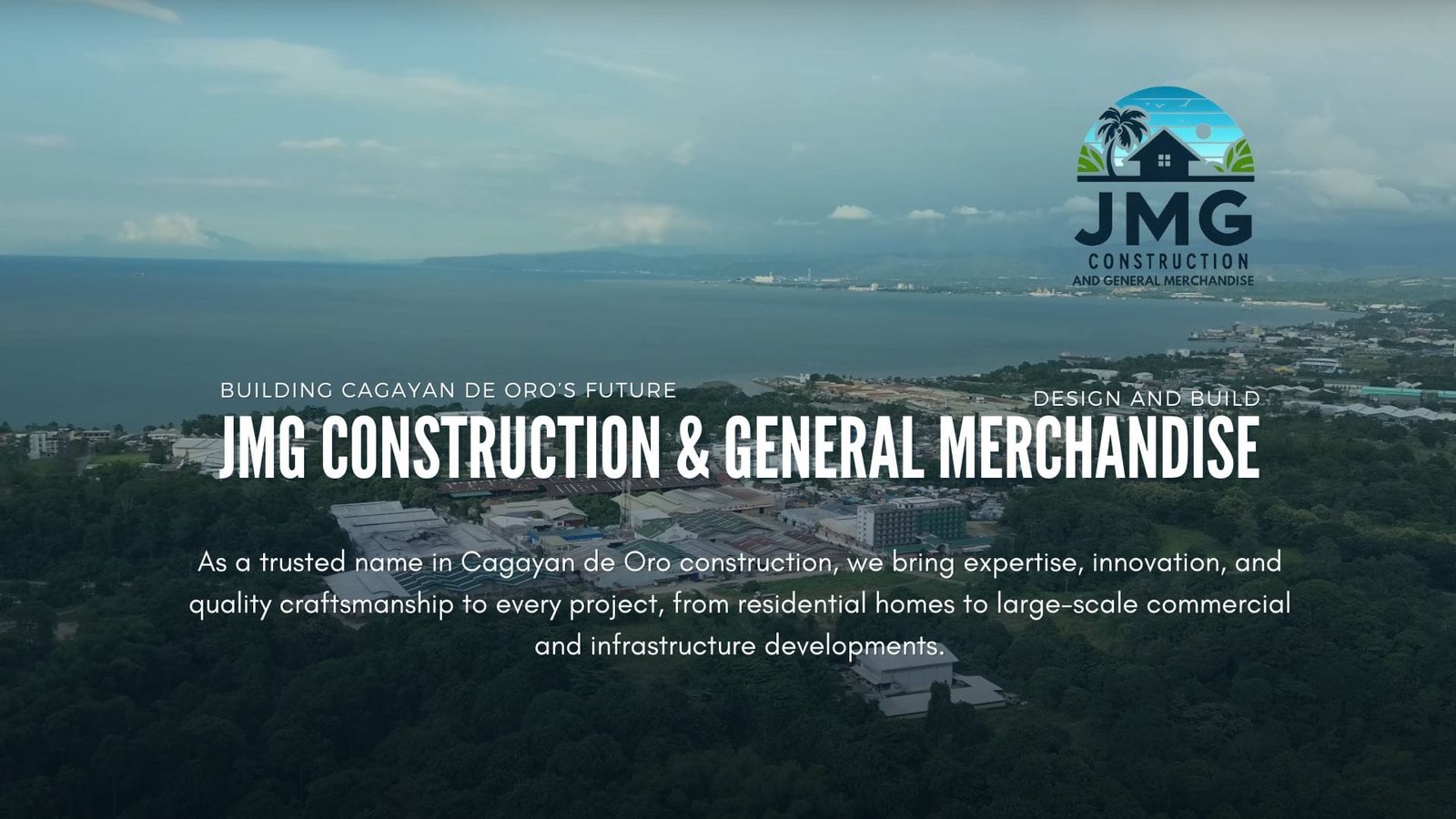 Cagayan de oro construction | jmg construction - trusted builder in cdo 3 Aerial view of cagayan de oro city showcasing coastal and urban development with the jmg construction & general merchandise logo and branding overlay.