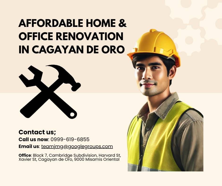 Text graphic advertising "affordable home & office renovation in cagayan de oro" with contact details including phone number, email, and office address.