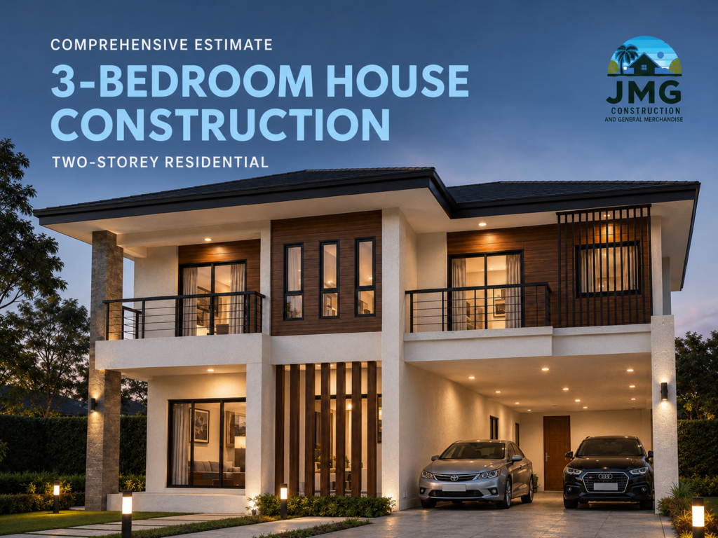 3-bedroom house construction contemporary two-storey home at dusk