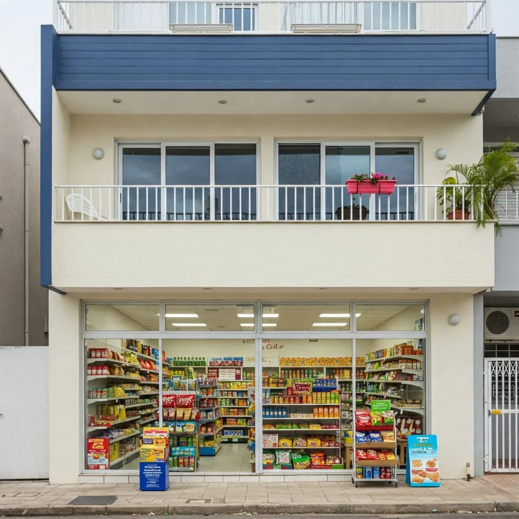 Two-storey mixed-use buildings with a modern blue facade, ground-floor convenience store, and residential balcony.