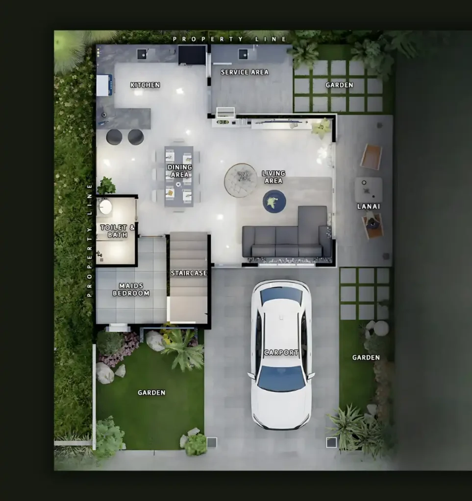 Ground floor layout of modern two-storey house in cagayan de oro Ground floor layout of the modern two-storey house design cagayan de oro featuring carport, living area, and lanai