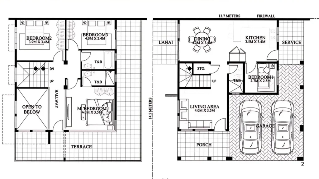 Modern 4-bedroom house floor plan (13x14m) designed for family living by jmg construction Floor plan of a modern 4-bedroom house (13x14m) with a functional layout featuring a garage, terrace, open-concept living area, and bedrooms, designed by jmg construction in cagayan de oro.