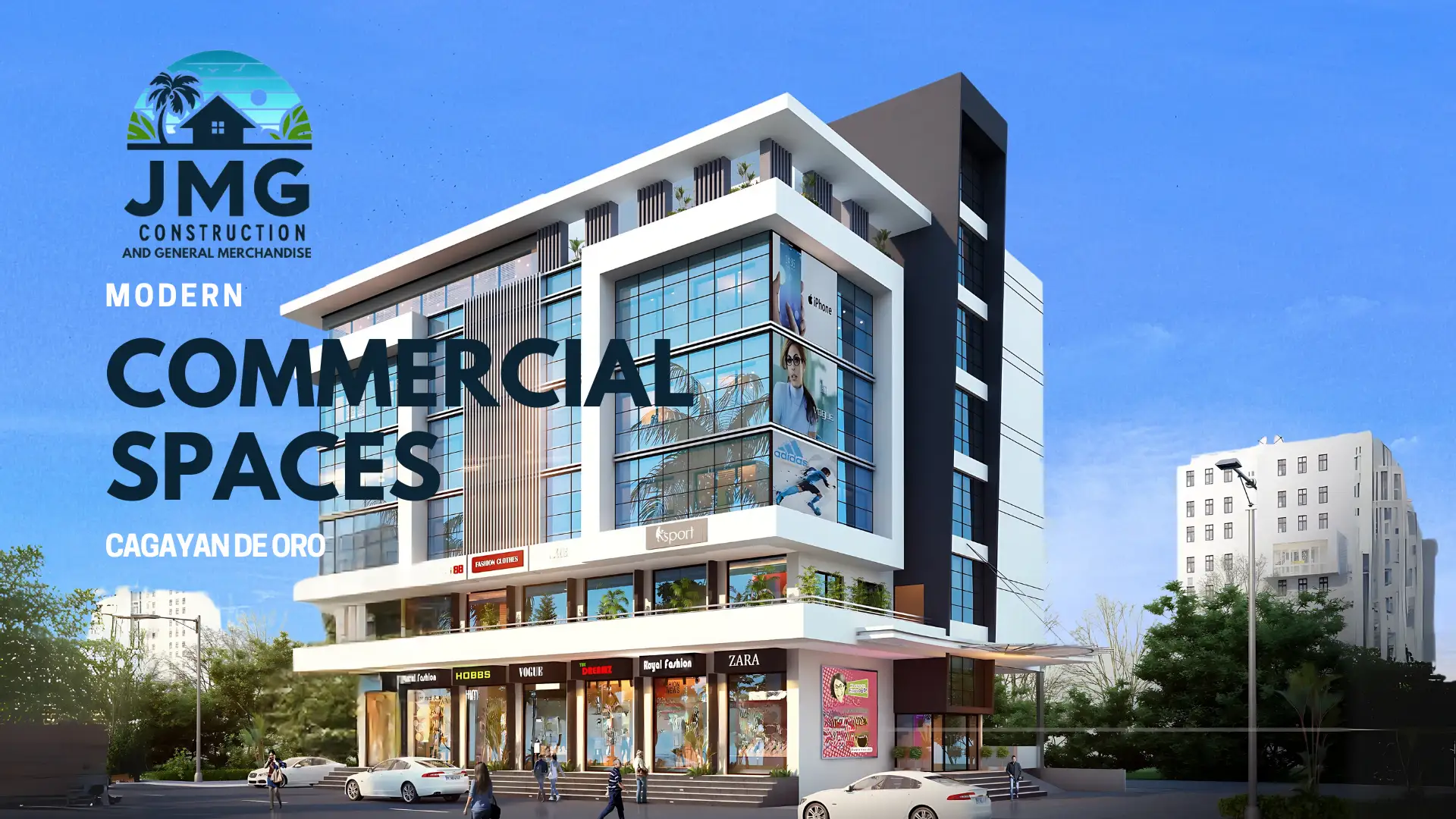 Modern commercial spaces building in cagayan de oro designed by jmg construction, featuring glass panels, retail shops, and eco-friendly terraces.