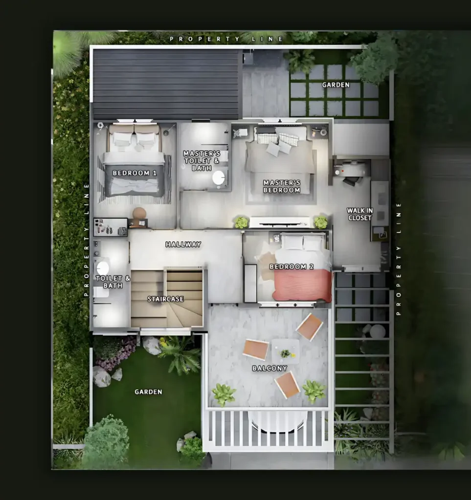Second floor layout of modern two-storey house in cagayan de oro Second floor layout of the modern two-storey house design cagayan de oro showing bedrooms, balcony, and hallway