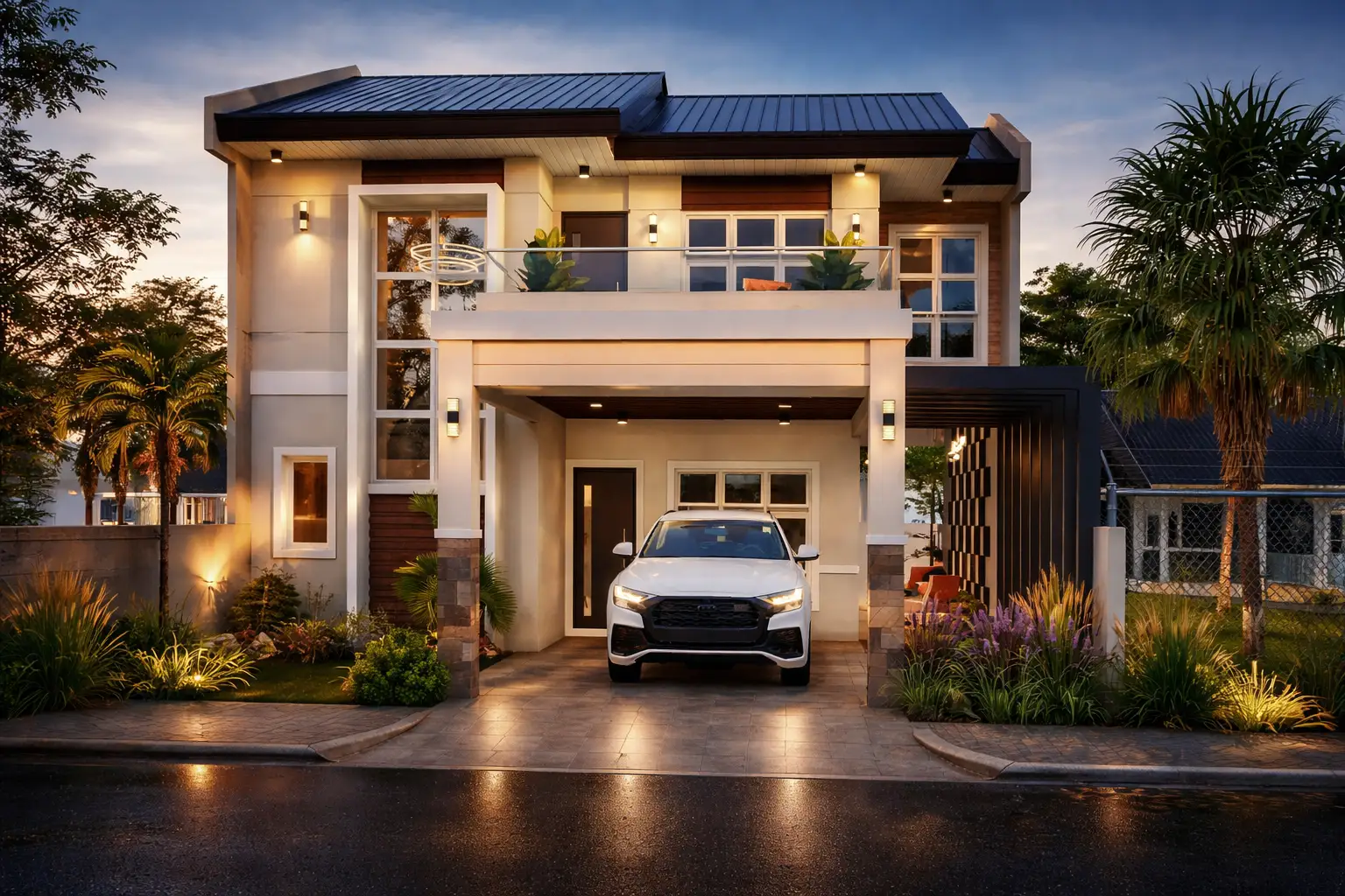 Cinematic twilight view of a modern two-storey house in cdo with warm exterior lighting, a glass balcony, landscaped front yard, and a car parked under a covered carport.