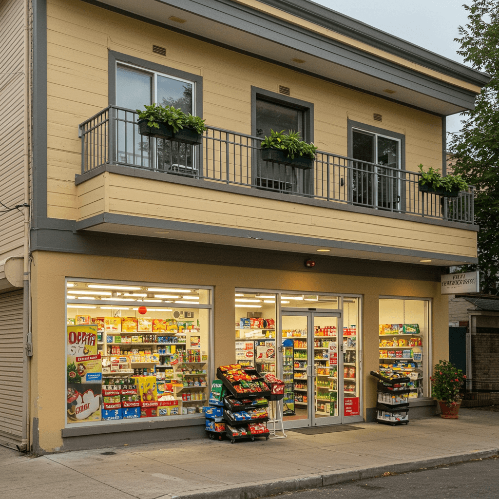 Yellow two-storey commercial-residential building with retail space Two-storey commercial-residential building with a wooden yellow exterior and ground-level retail space.