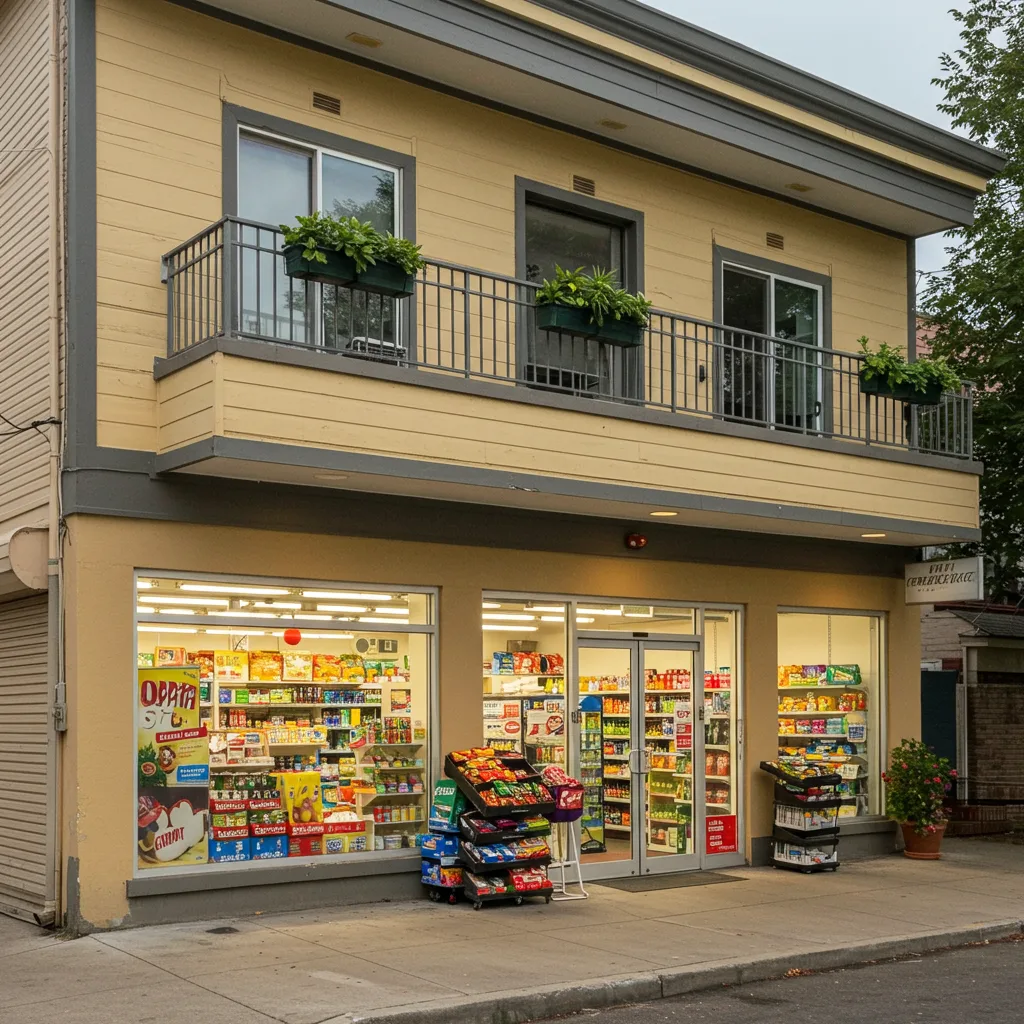 Two-storey commercial-residential building with a wooden yellow exterior and ground-level retail space.
