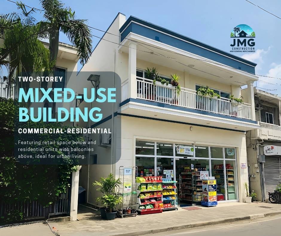 Two-storey mixed-use buildings 1 Two-storey mixed-use building with retail store and residential units, designed for urban living and commercial profitability.