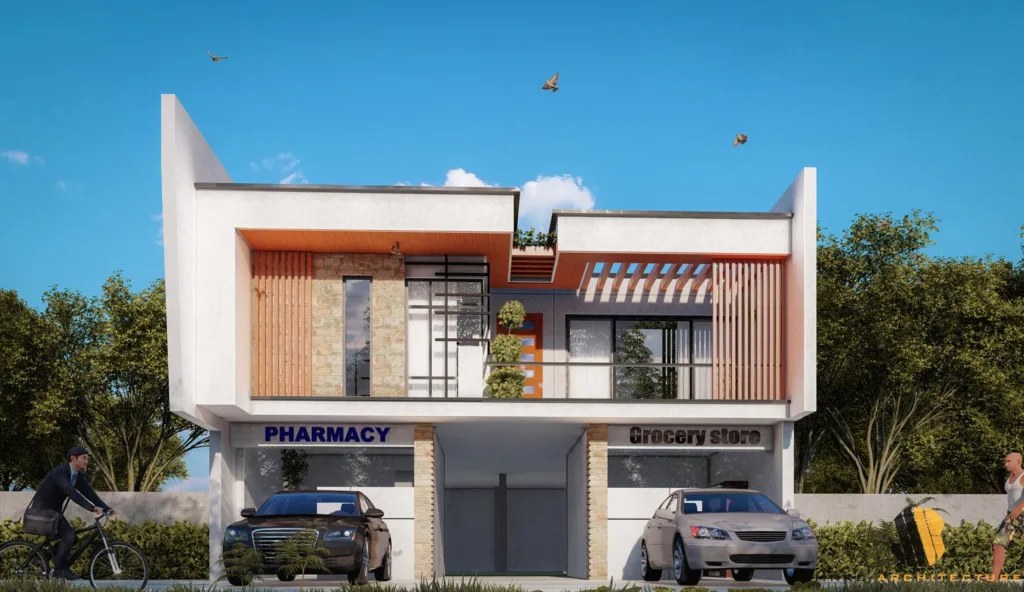 Proposed two-storey mixed-use residential and commercial building with a modern facade, featuring a pharmacy and grocery store on the ground floor and residential units above.