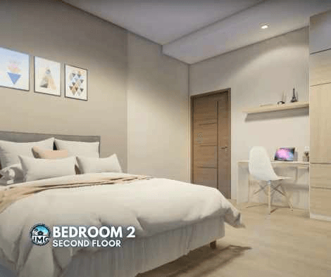 Minimalist bedroom 2 for guests or young adults Minimalist second-floor bedroom with a bed and work desk setup.