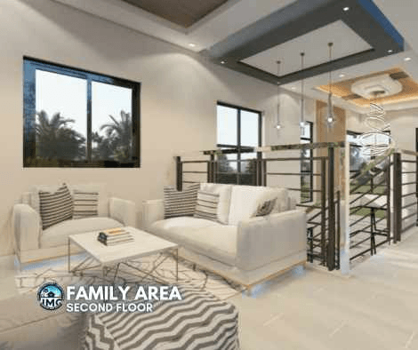 Second floor family area for relaxation Cozy second-floor family lounge with comfortable sofas and warm lighting.