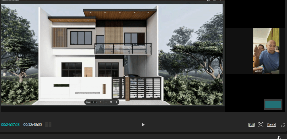 Two-storey minimalist modern facade for the montana vista uptown project with wood and glass elements, presented during client meeting with allan.