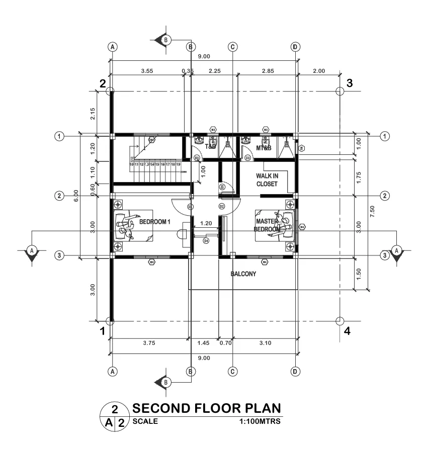 Second floor plan – residential project in cagayan de oro by jmg construction Second floor plan of the kisanlu lito escoto two-storey house in cagayan de oro, showing layout for bedrooms, walk-in closet, balcony, and stair access – aligned with recent house construction updates.
