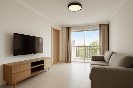 Stylish interiors A modern, minimalist living room with tiled floors, soft lighting, tv, and a sofa beside a full-glass window.