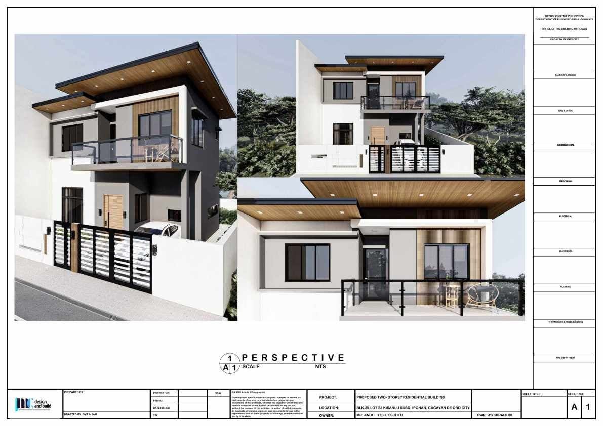 Two-storey modern residential building design in cagayan de oro showing front and side perspectives – part of house construction updates in the kisanlu lito escoto project.