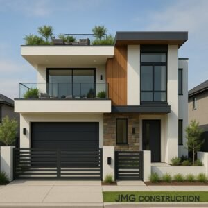 Modern home with rooftop terrace: design, benefits & inspiration 3 Modern two-storey home with rooftop terrace, glass balcony, and wood-stone facade by jmg construction