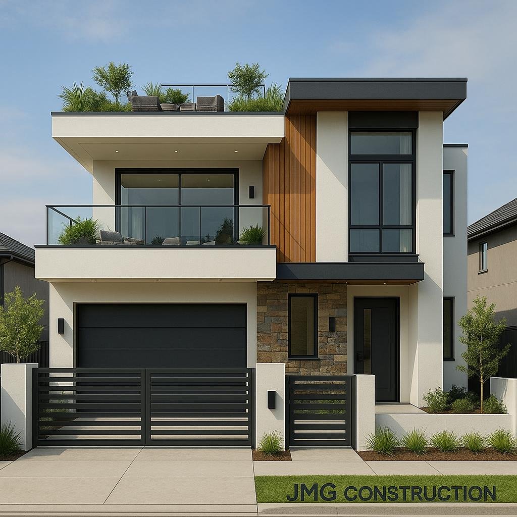 Modern two-storey home with rooftop terrace, glass balcony, and wood-stone facade by jmg construction