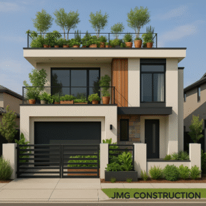 Modern home with rooftop terrace: design, benefits & inspiration 5 Lush rooftop garden with built-in planters and multiple seating zones.
