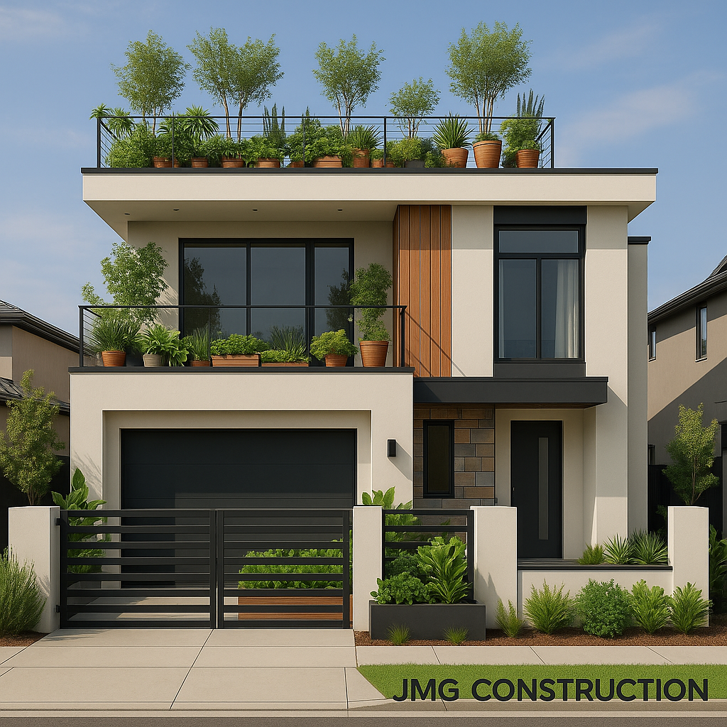 Lush rooftop garden with built-in planters and multiple seating zones.