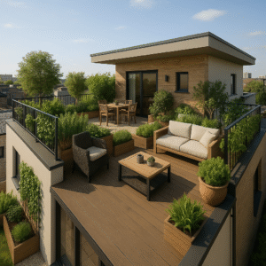 Modern home with rooftop terrace: design, benefits & inspiration 2 Elevated terrace with dark wood flooring and sectional lounge.