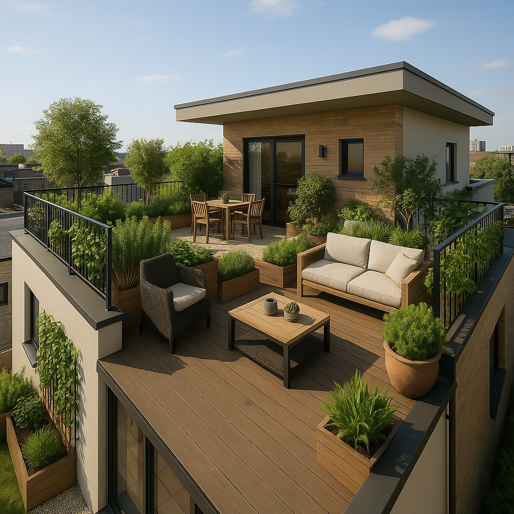 Elevated terrace with dark wood flooring and sectional lounge.