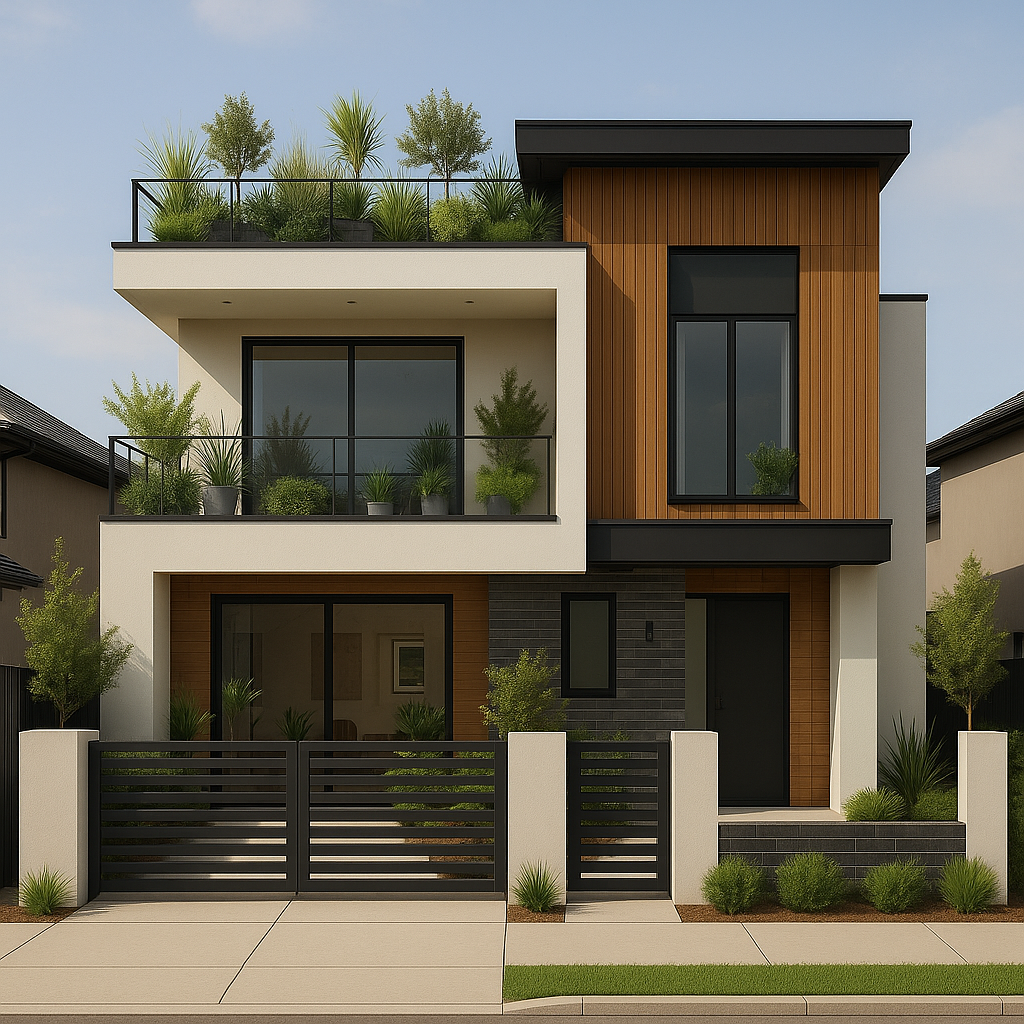 Modern facade with minimalist rooftop garden on display.