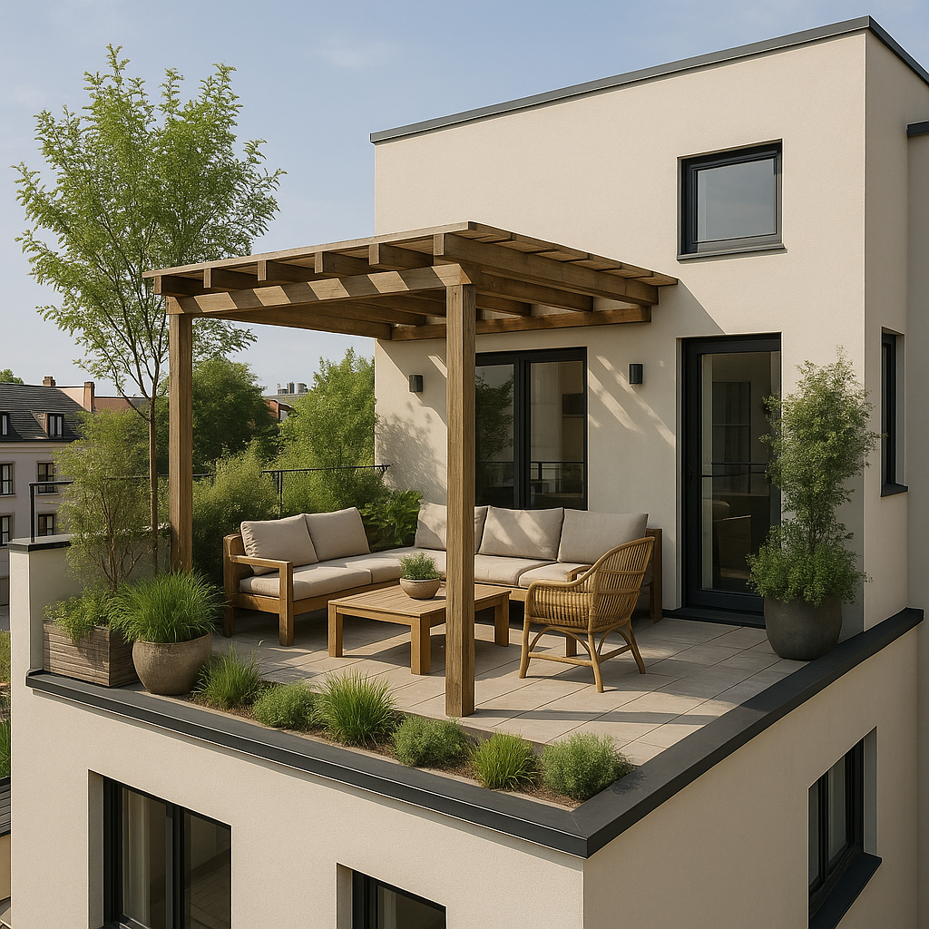 Rooftop terrace with wooden pergola and cozy outdoor seating.