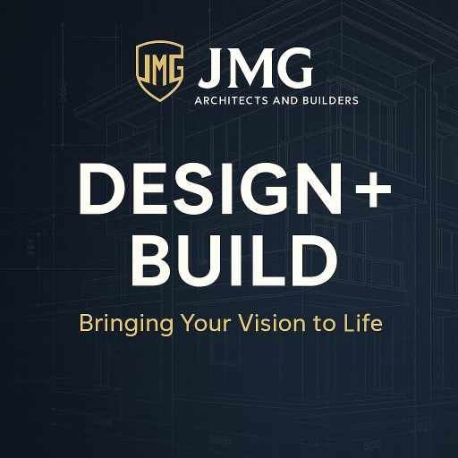 Wp-1746716526144258484327278488233. Jpg Modern promotional graphic for jmg construction featuring the message "design + build – bringing your vision to life. Expert in modern home with rooftop terrace.