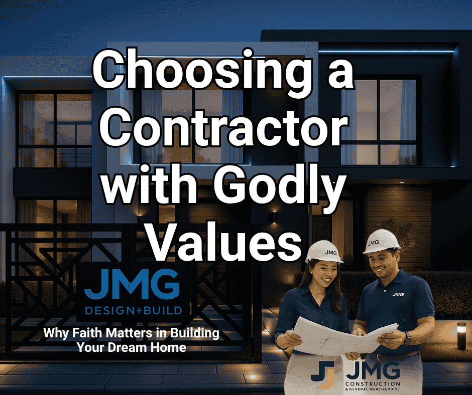 Choosing a contractor with godly values – jmg construction team reviewing house plans in front of a modern home at night.