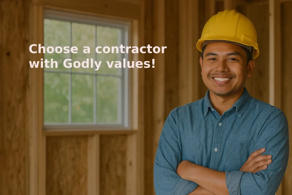 Filipino contractor Smiling filipino contractor with a yellow hard hat inside a framed house, promoting a contractor with godly values.