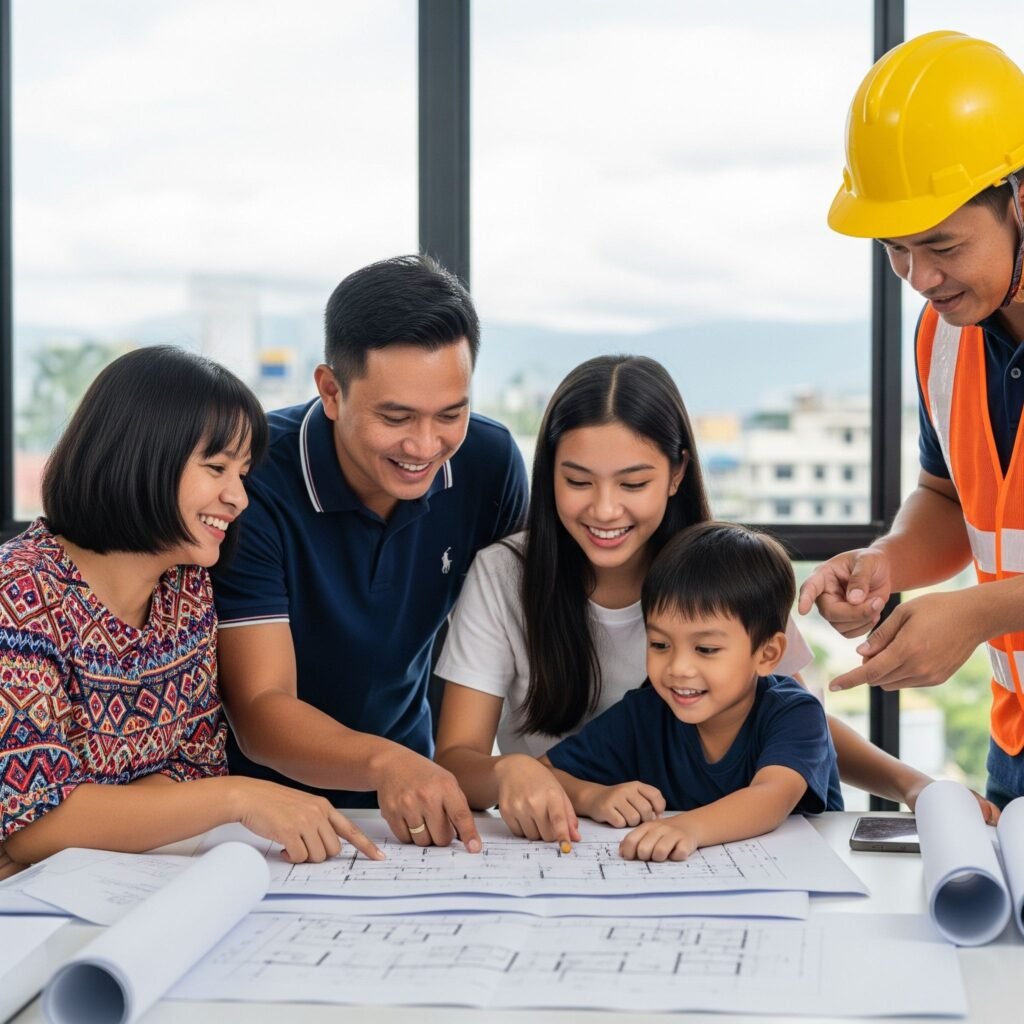 Jmg-pagibig-home-loan-calculator Happy filipino family discussing house plans with a contractor – pag-ibig home loan calculator by jmg construction