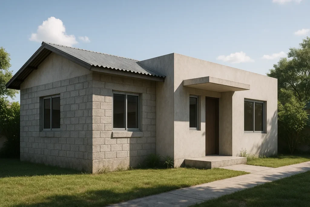 Modern concrete house with lush greenery House construction costs in basic finish