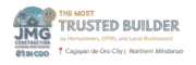 JMG Construction & General Merchandise logo with "#1 in CDO" badge and tagline "The Most Trusted Builder in Cagayan de Oro City and Northern Mindanao."