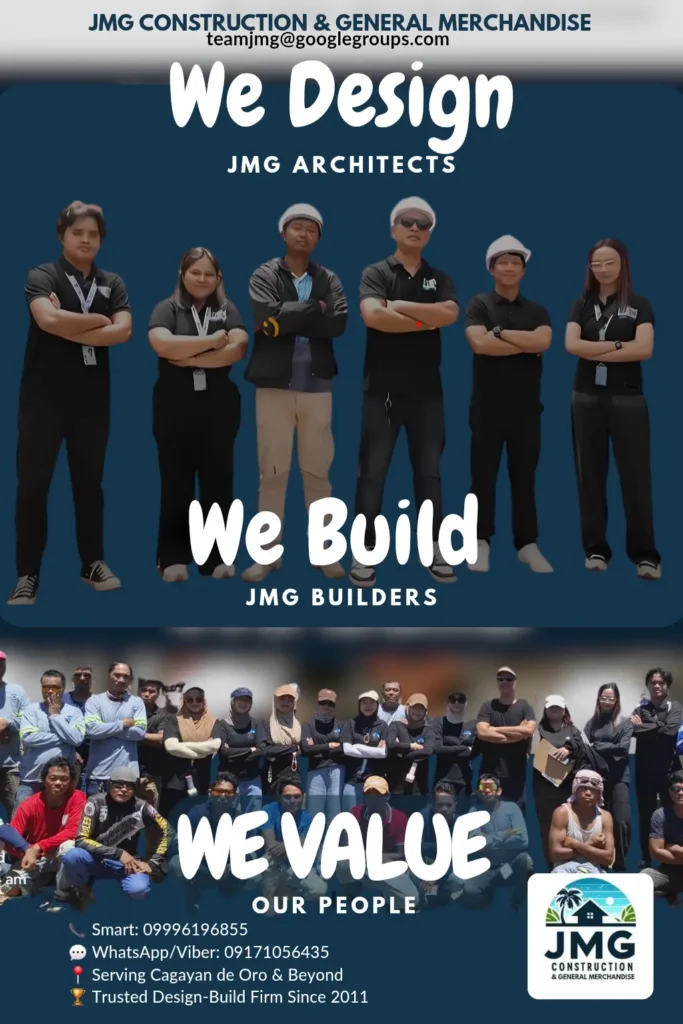 Jmg construction’s roadmap to becoming the best contractor in mindanao Team photo of jmg construction & general merchandise with text overlay “we design, we build, we value our people,” showcasing their roadmap becoming best contractor in mindanao.