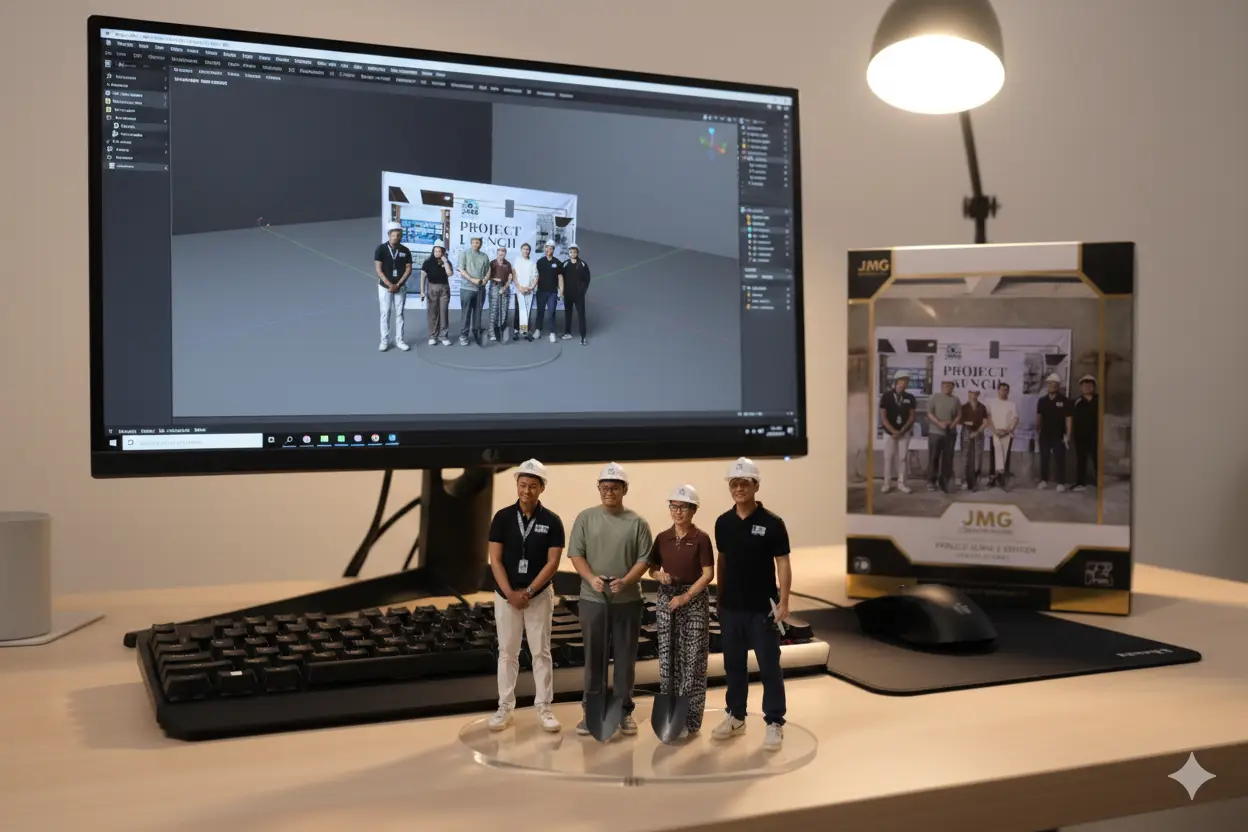 โจ nikki's residential interior renovation & interior fit-out works 3 Jmg construction project launch display with 3d printed team figures, computer rendering, and presentation box.