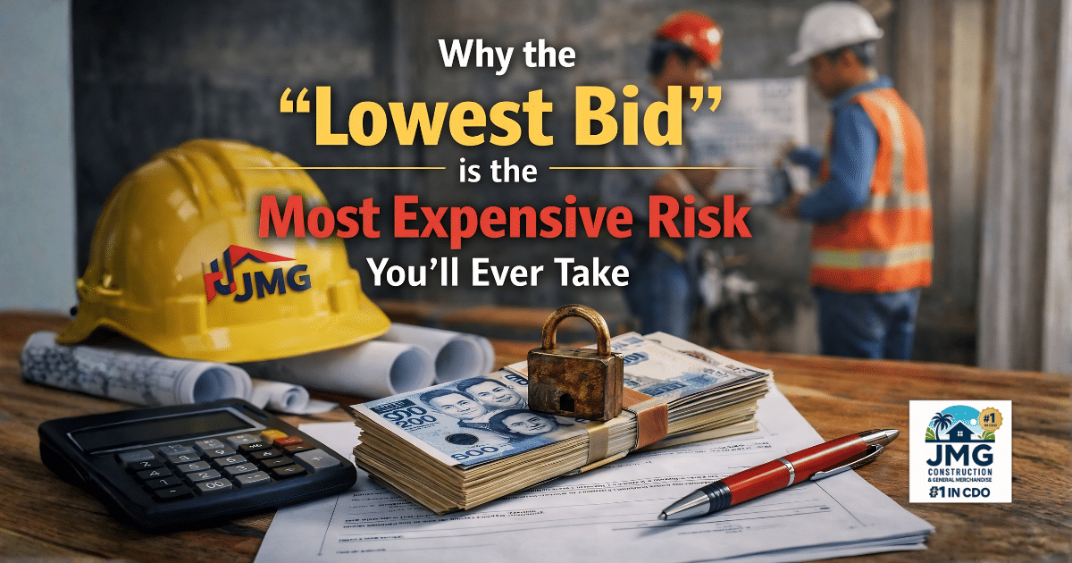 General contractor in cagayan de oro warning graphic showing a jmg hard hat, philippine peso bills, calculator, contract papers, and engineers with the text: “why the ‘lowest bid’ is the most expensive risk you’ll ever take. ”