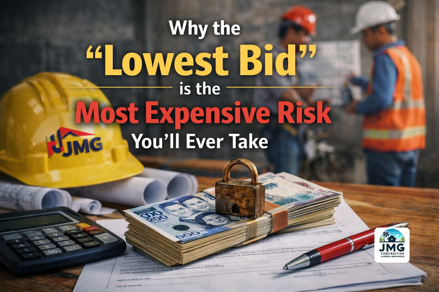 Filipino engineers review plans at a construction site beside a jmg-branded hard hat, philippine peso bills, a calculator, and a contract, with the text: “why the ‘lowest bid’ is the most expensive risk you’ll ever take. ”