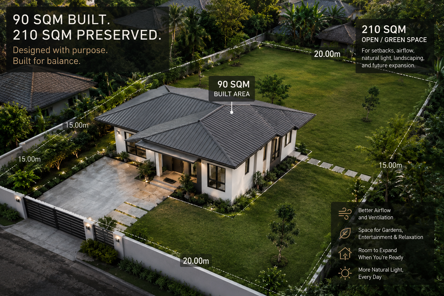 Minimalist bungalow design cagayan de oro | 90 sqm solar-ready home 3 Site plan showing 30 percent lot utilization for minimalist bungalow design cagayan de oro