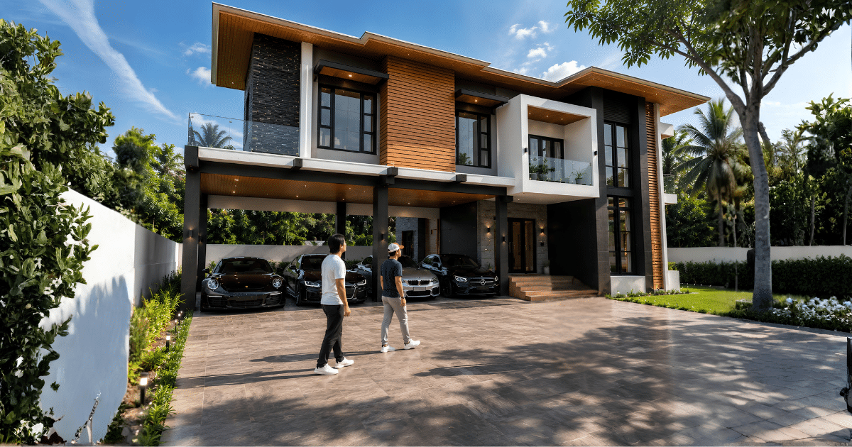 Modern tropical house design cagayan de oro featuring a two-storey façade, wood cladding, large windows, deep roof overhangs, landscaping, and covered parking