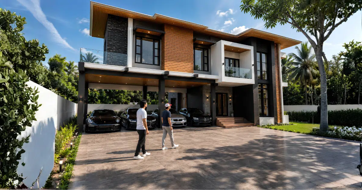 Modern tropical house design cagayan de oro with wood cladding, large windows, deep roof overhangs, landscaped frontage, and covered parking