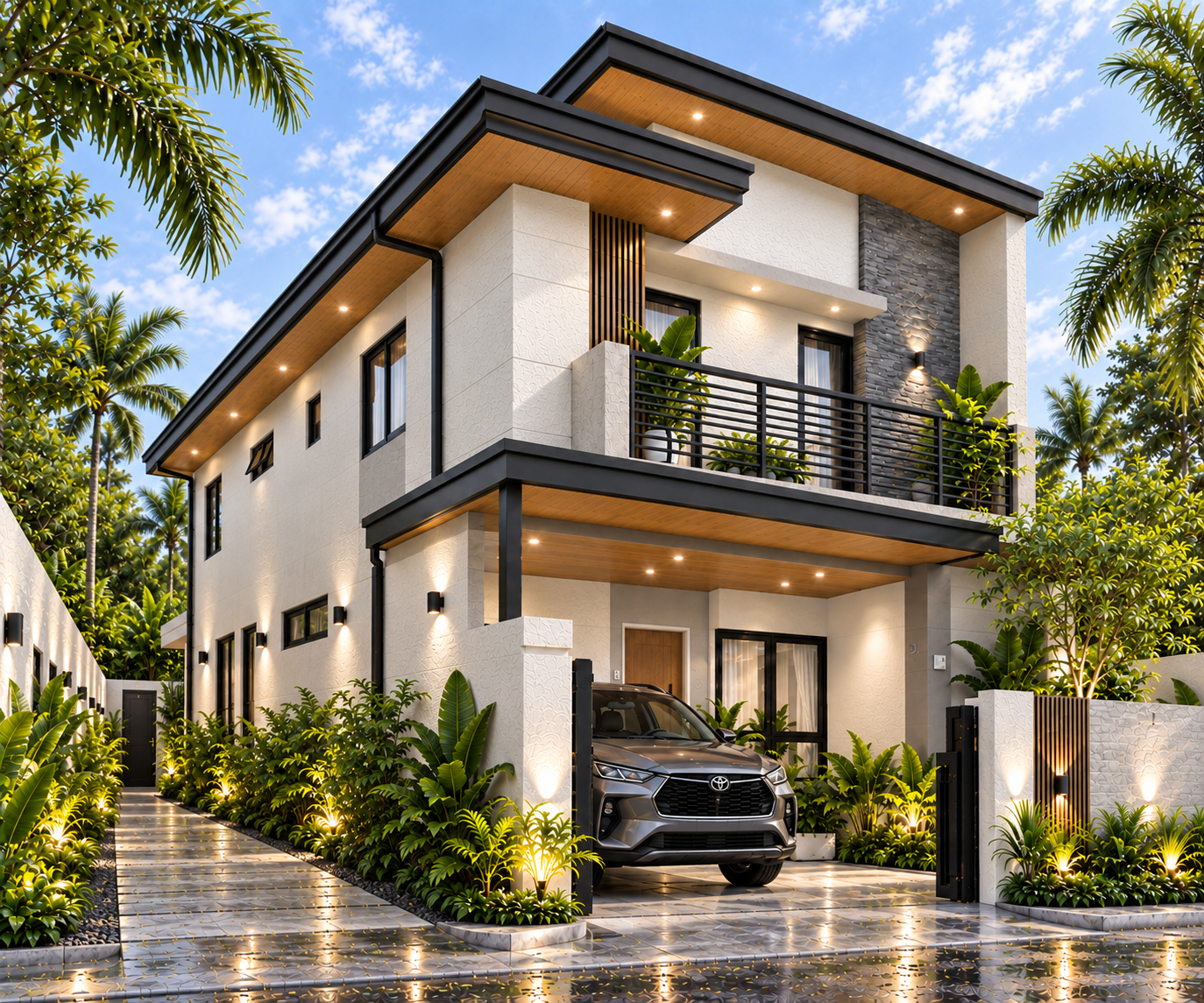 Modern tropical two-storey house front elevation by jmg in cagayan de oro