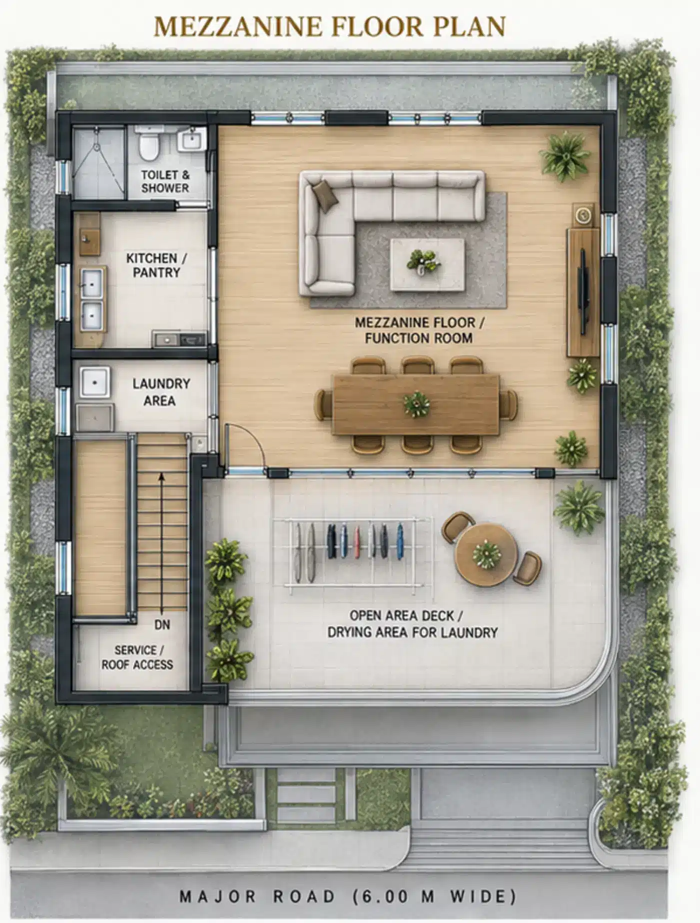 Schematic floor plan diagram of the mezzanine level — function room, laundry, and open-air drying deck — 112 sqm, phil-am life village, cagayan de oro