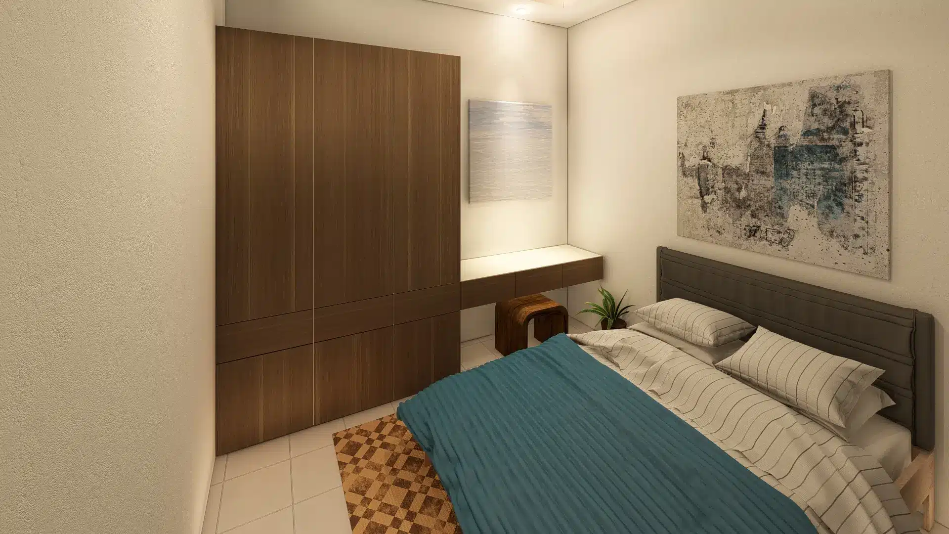 Modern bungalow design 7 Modern bedroom with floor-to-ceiling built-in wood wardrobe, study desk, and upholstered headboard