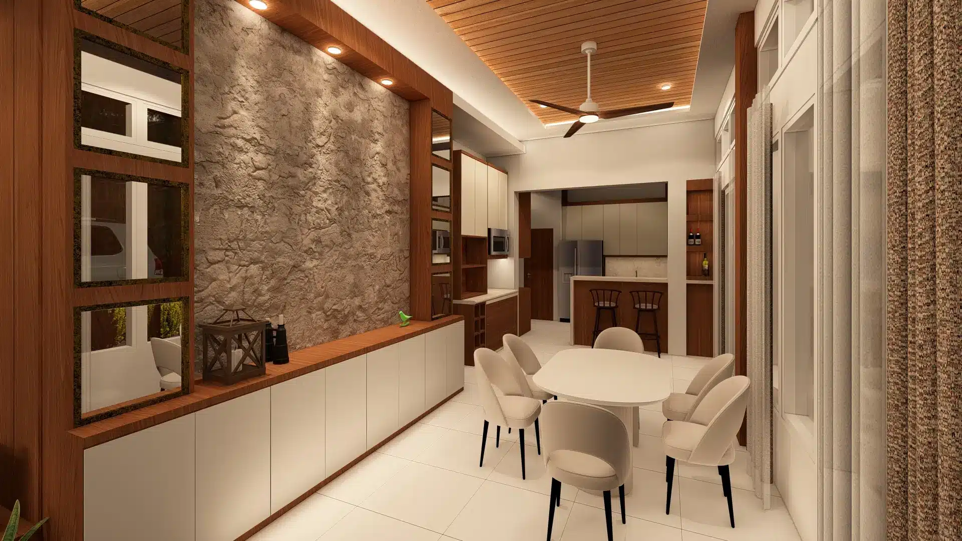 Modern bungalow design 4 Modern dining area with natural stone feature wall, built-in white cabinets, and wood shelving divider