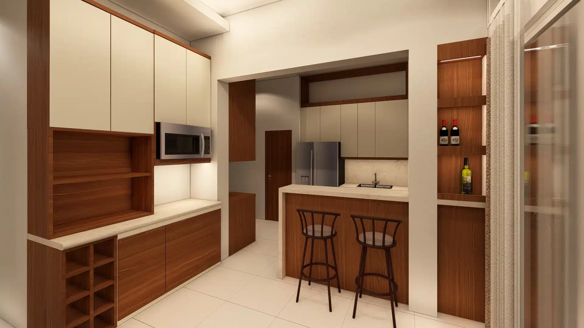 Modern bungalow design 5 Modern kitchen with breakfast bar, bar stools, built-in cabinets, wine rack, and integrated microwave