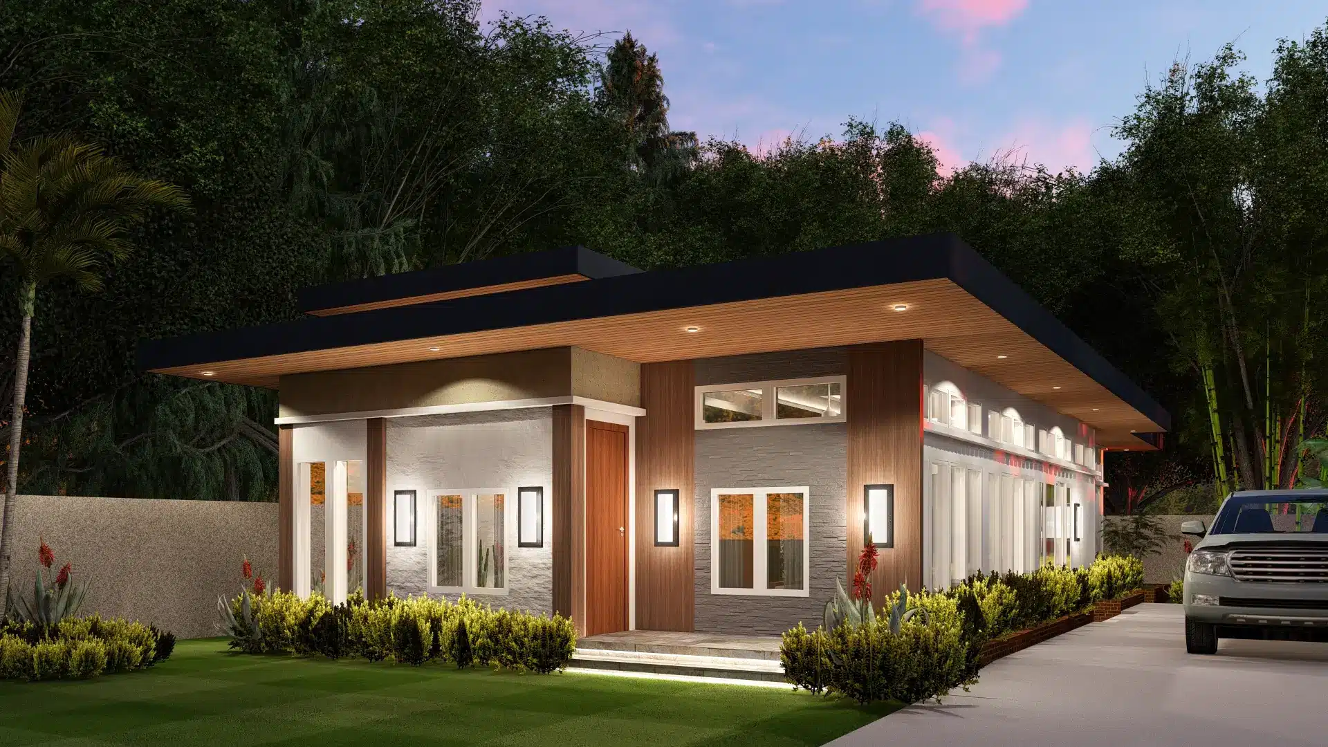 Modern bungalow design 1 Modern bungalow design exterior front view with flat roof, deep overhang, and wood slat soffit in malitbog, bukidnon by jmg design and build
